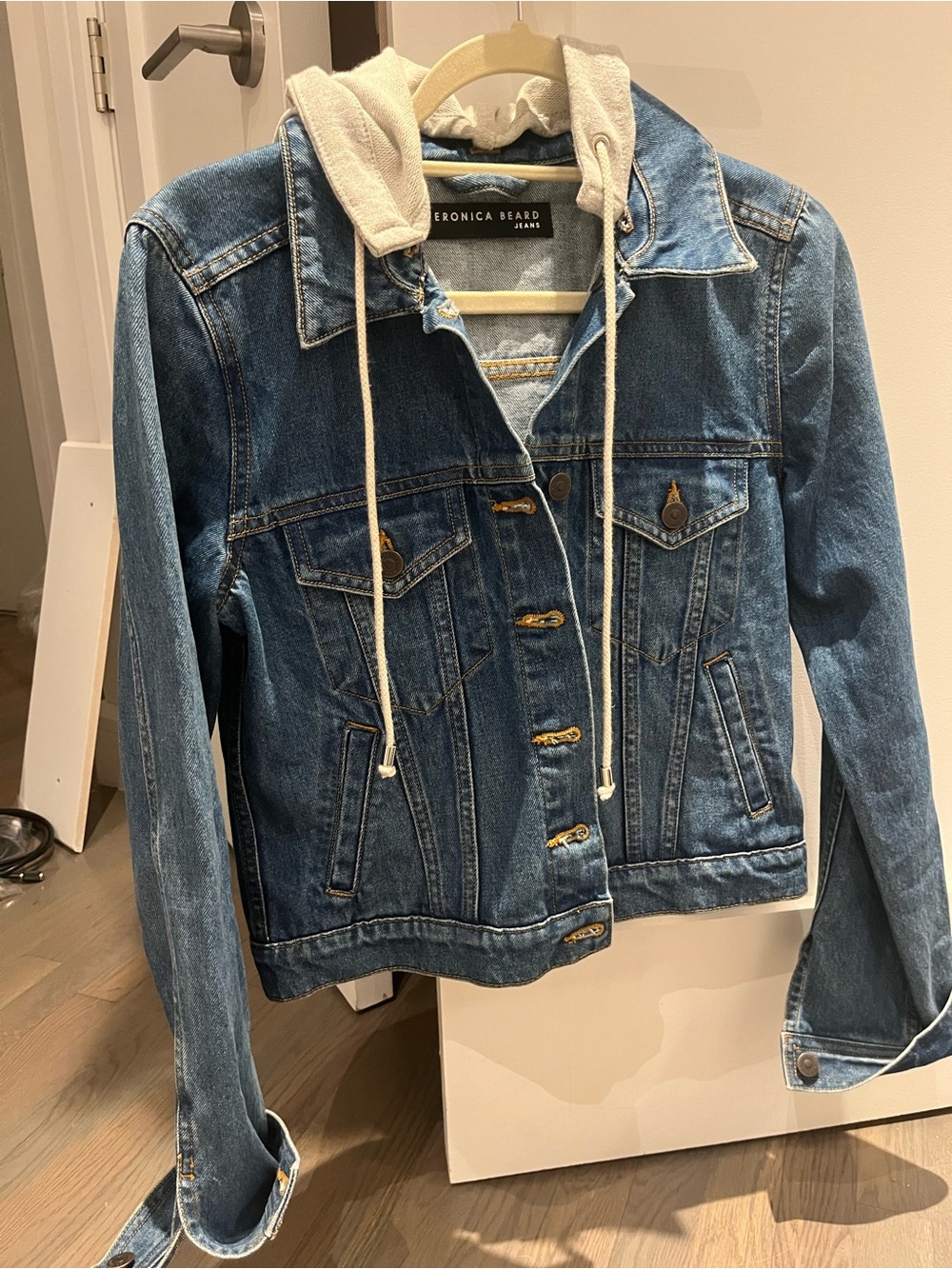 Veronica Beard Denim Jacket with Grey Detachable Hoodie